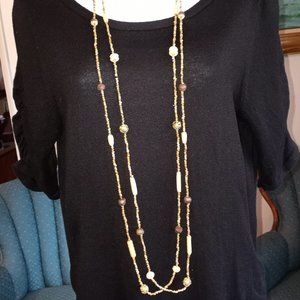 Two Strand Necklace Bone Maroon Green Gold Silver EUC 46" Necklace-Item #90